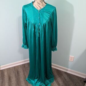 80's Nancy King Lingerie Emerald Green floor length Laced Gown large USA nylon